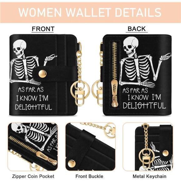 Skull Skeleton Rfid Women Wallet, Small Slim Thin Credit Card Wallet, PU - Picture 6 of 7